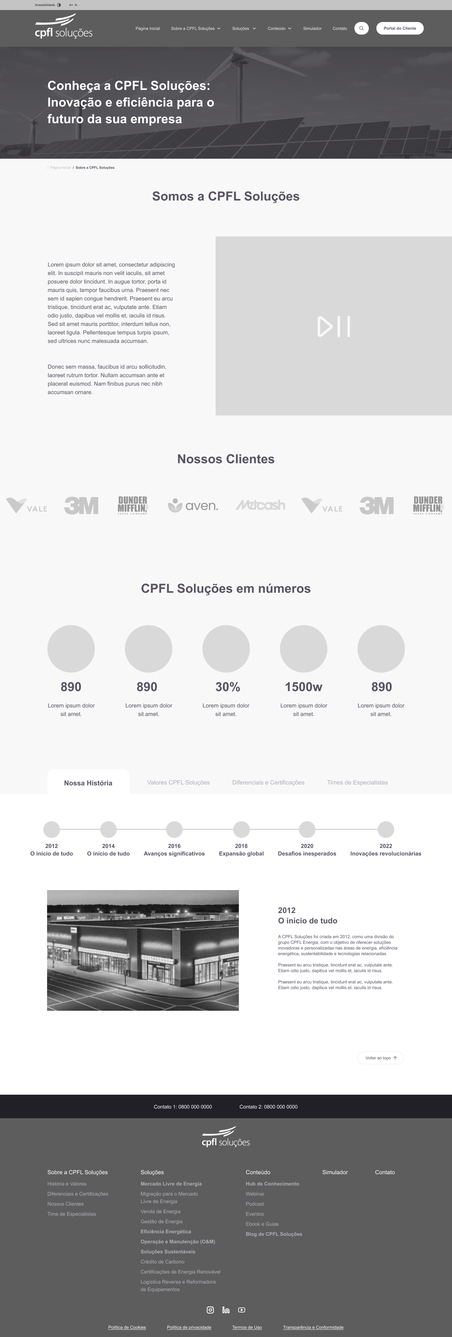 CPFL Soluções about page wireframe — information architecture for energy sector website redesign