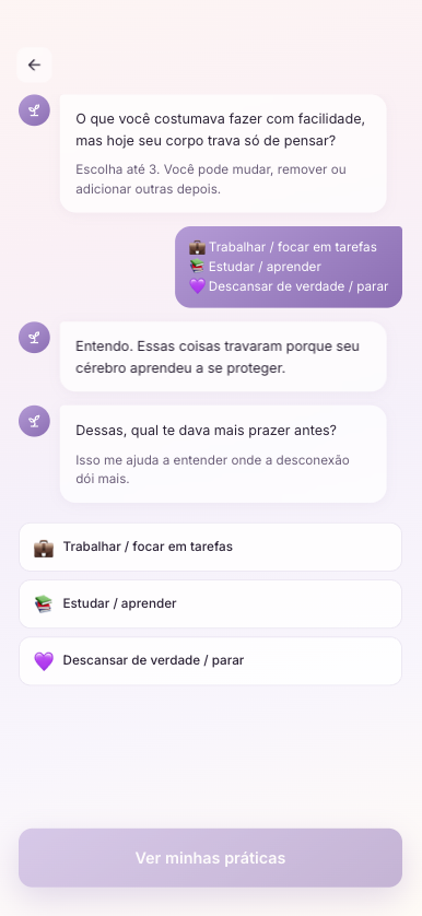 Neuroot app — AI-powered onboarding screen personalizing the burnout recovery journey