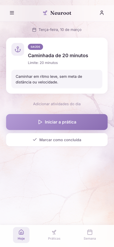 Neuroot app screen — AI-native burnout recovery experience with daily practice interface
