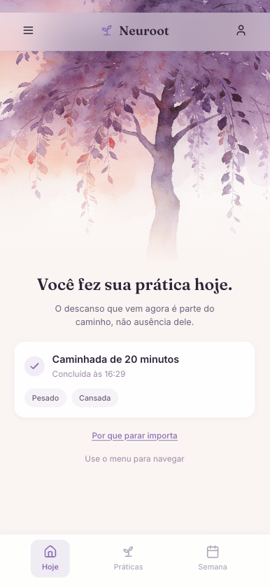 Neuroot app — practice completed confirmation in the post-burnout recovery flow