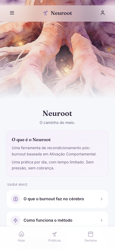 Neuroot app — about the app section explaining the neuroplasticity-based recovery methodology