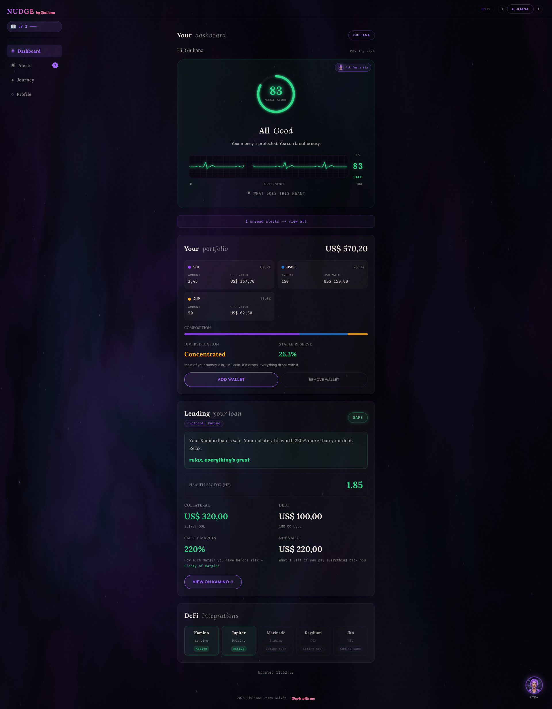 Nudge dashboard — Nudge Score 83, portfolio, and Kamino lending data