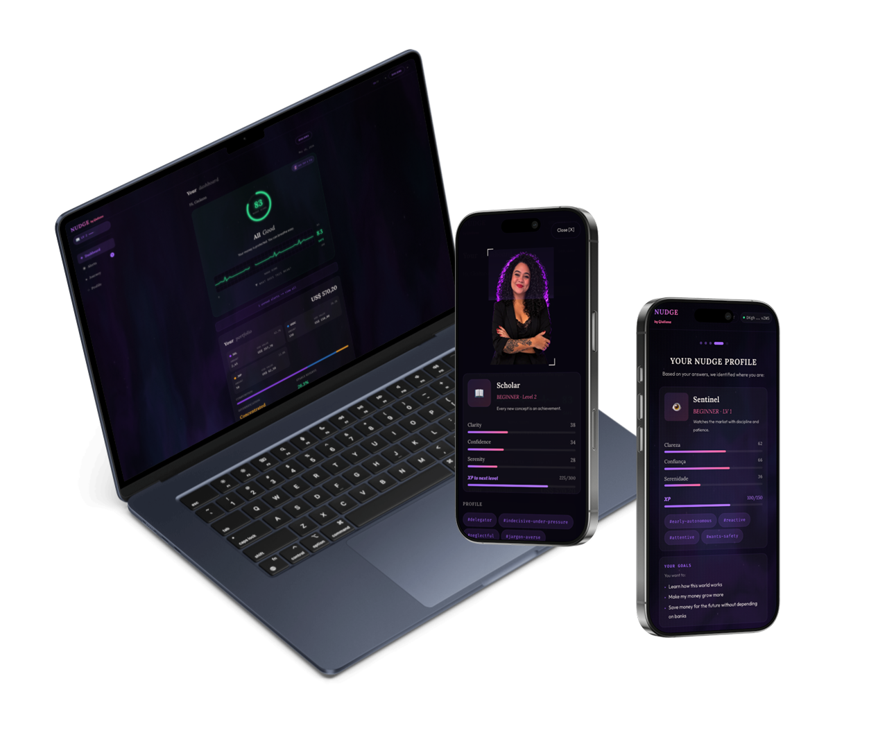 Nudge mockup — dashboard, profile, and quiz result screens