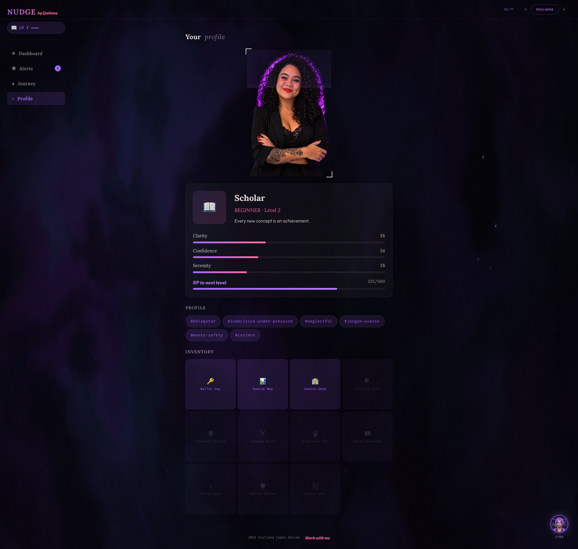 Nudge profile — Scholar class with stats, neurotags, and inventory