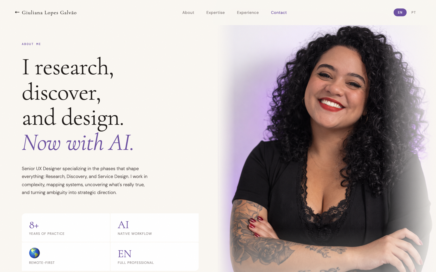 About page — cream hero with text on the left, professional photo on the right