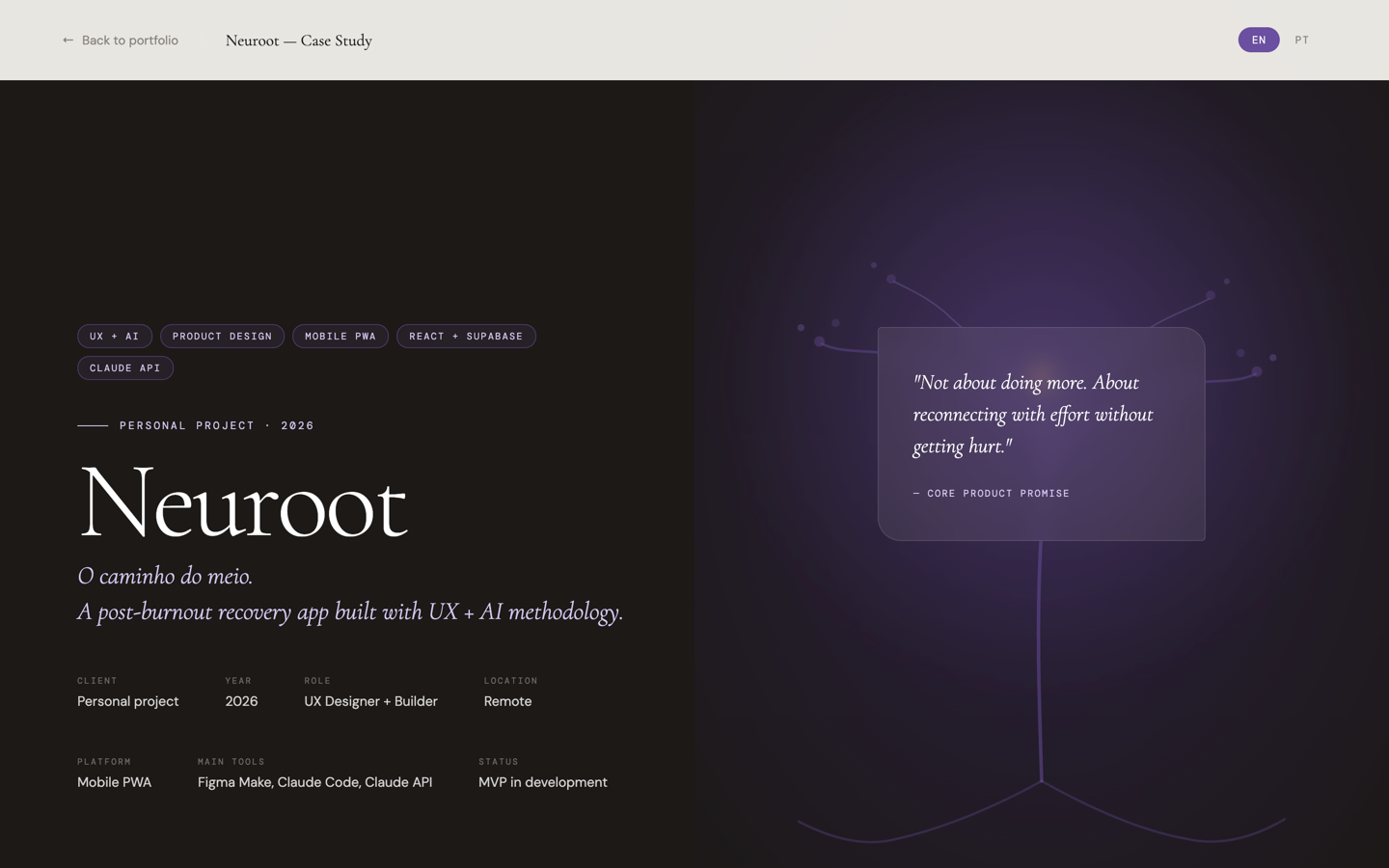 Neuroot case study page — hero section with product tags, quote card, and tree illustration
