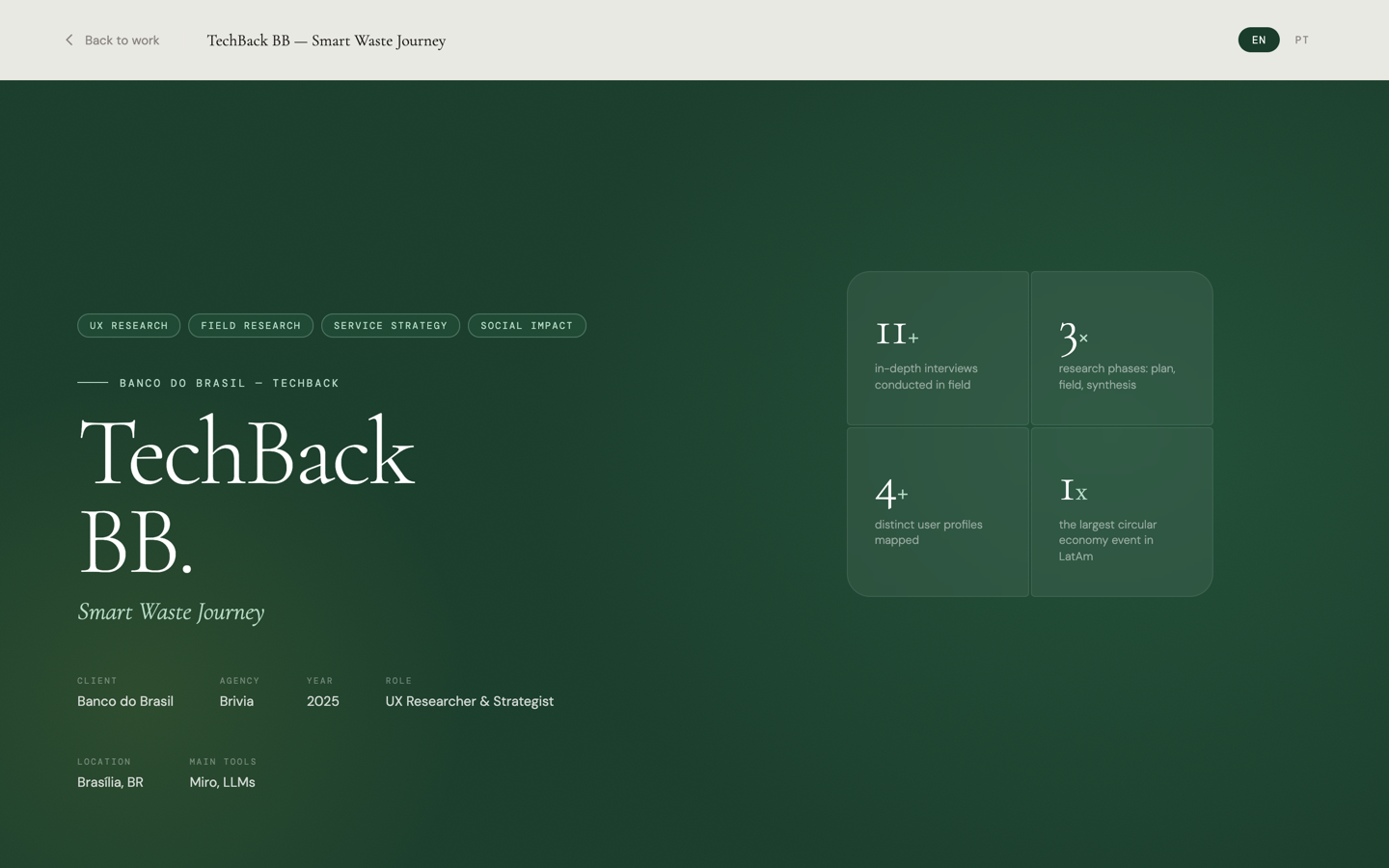 TechBack BB case study page — service design hero with green accent color