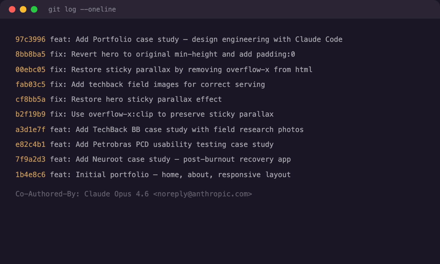 Git log showing commit history with Claude co-authorship across all portfolio commits