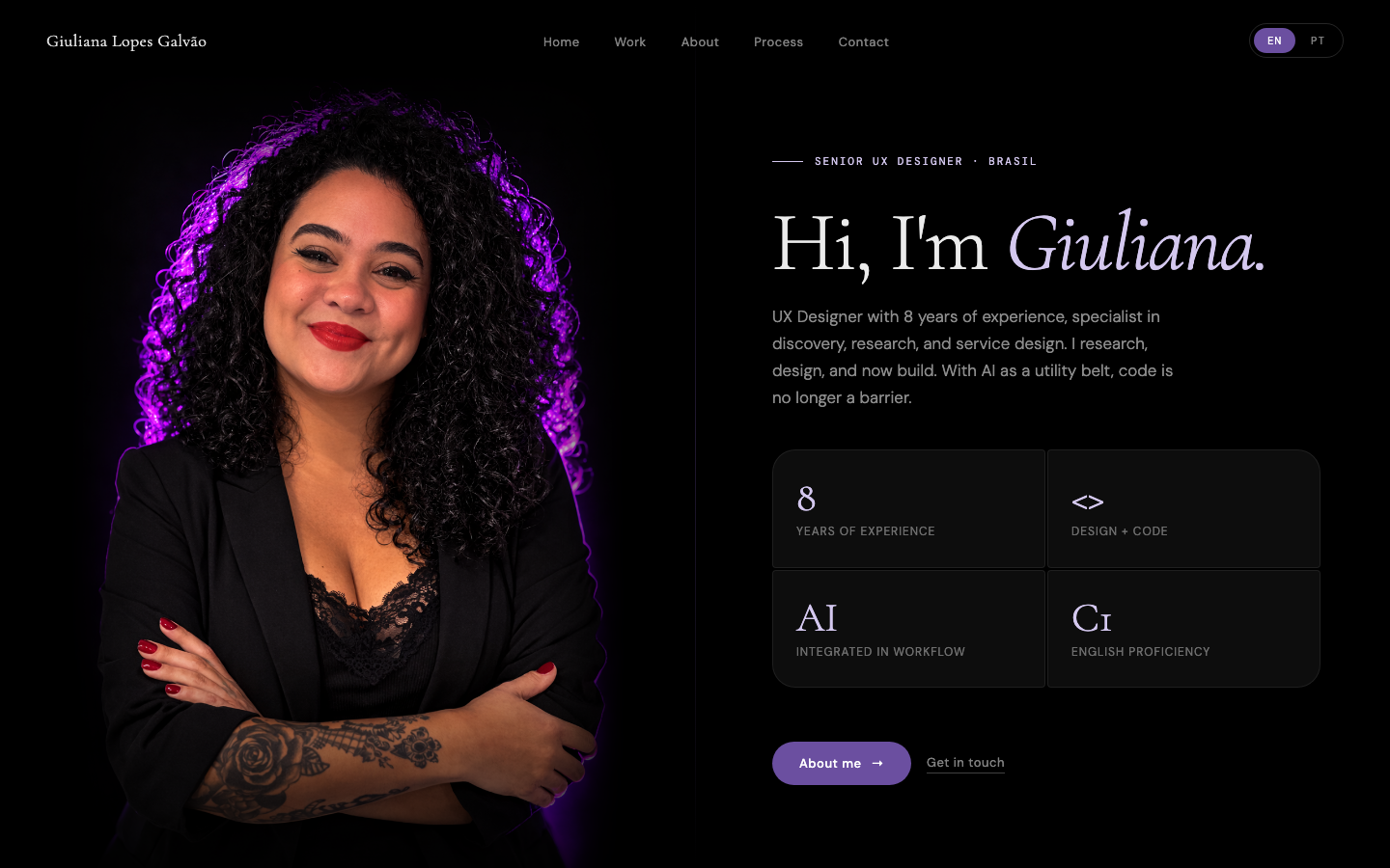 Portfolio home page — dark hero with photo on the left, text and stats on the right