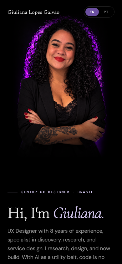 Portfolio home page — mobile view with photo on top and dark background