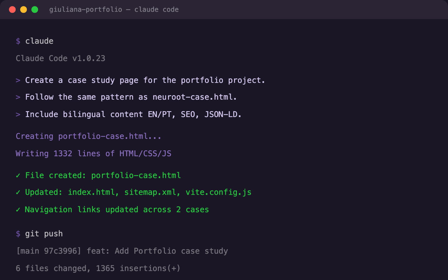 Terminal showing Claude Code generating portfolio files, committing and deploying